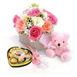 12 Mix Roses Basket With Teddy And A Heart Shaped Chocolate Box